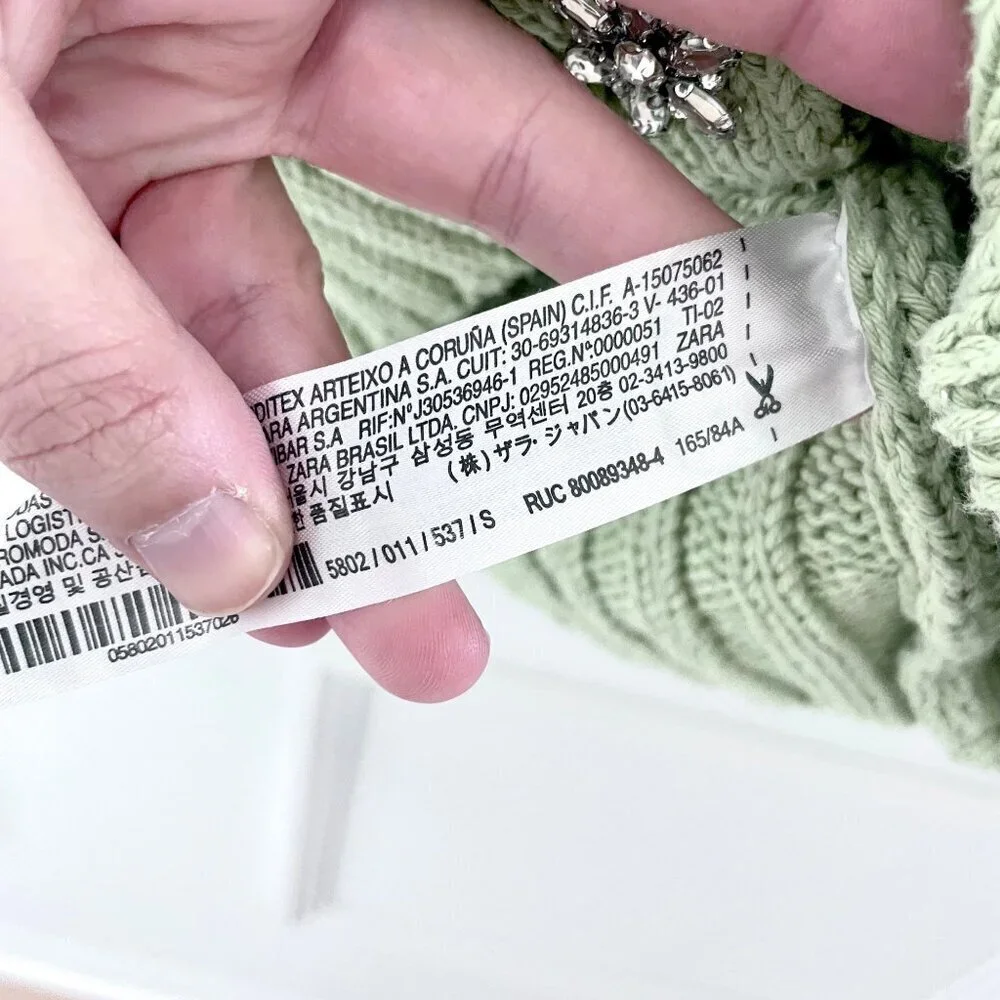 Zara Light Green Jeweled Cardigan Sweater Knit Size S